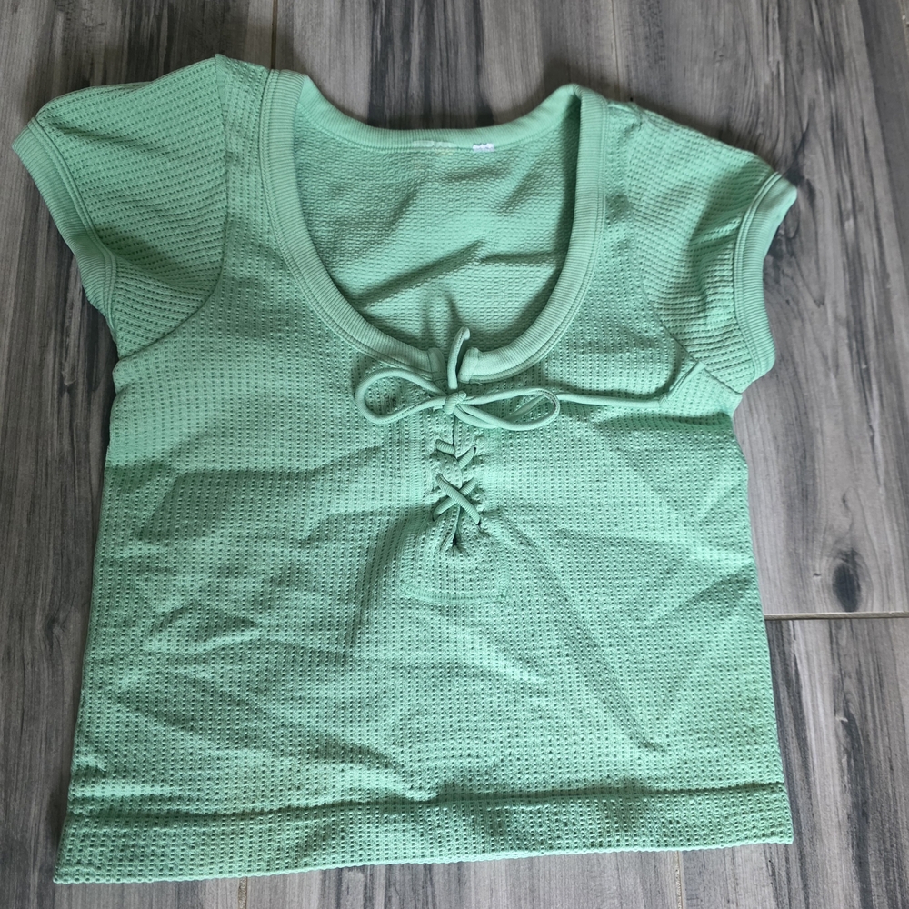 Green Lace-Up Waffle Knit Top